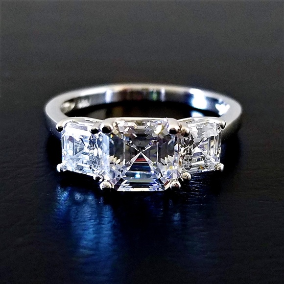 Jewelry - Size 7 Engagement Wedding Asscher Cut 3 Stone Ring